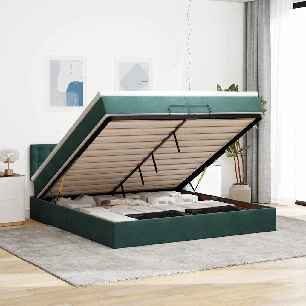 Cadre de lit ottoman avec matelas vert foncé 200x200 cm velours - XIOS