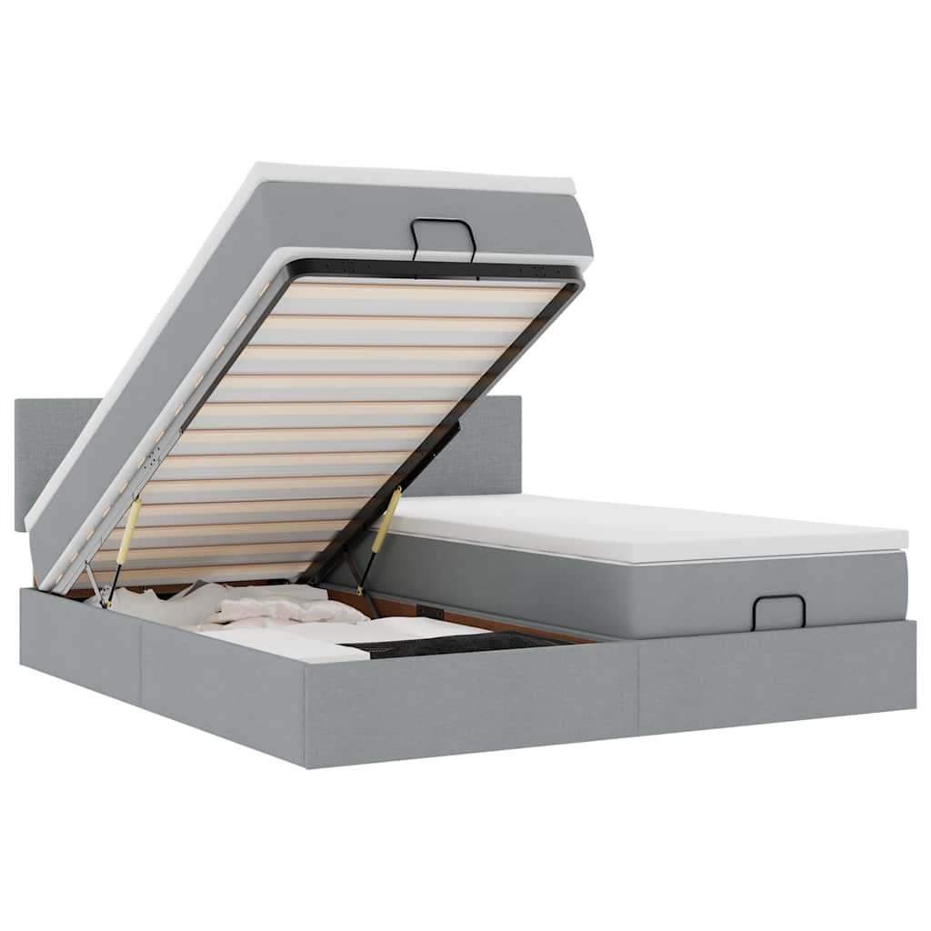 Cadre de lit ottoman et matelas gris clair 160x200cm tissu - XIOS