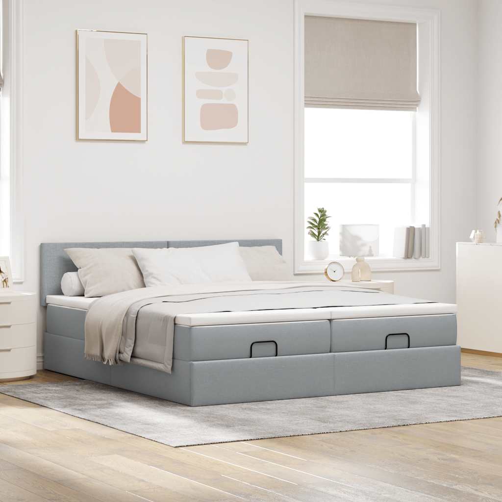 Cadre de lit ottoman et matelas gris clair 160x200cm tissu - XIOS