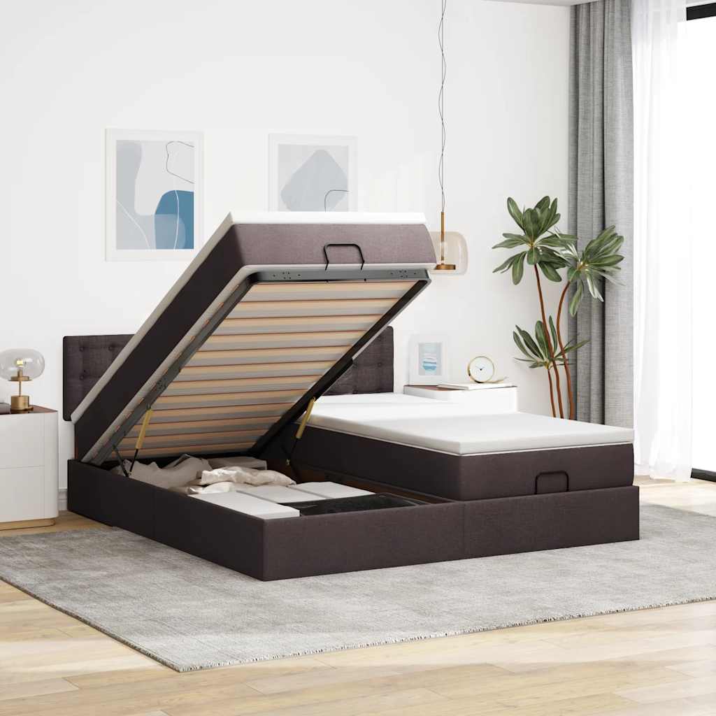 Cadre de lit ottoman avec matelas marron foncé 180x200 cm tissu - XIOS