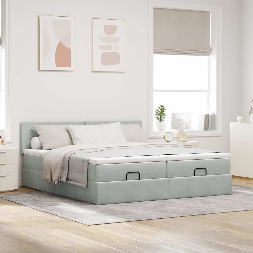 Cadre de lit ottoman et matelas gris clair 160x200cm velours - XIOS