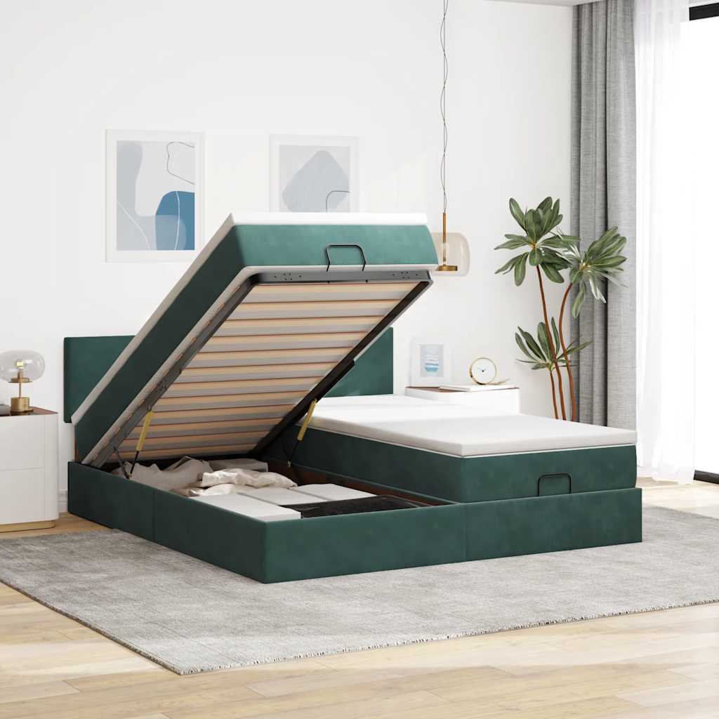 Cadre de lit ottoman avec matelas vert foncé 160x200 cm velours - XIOS