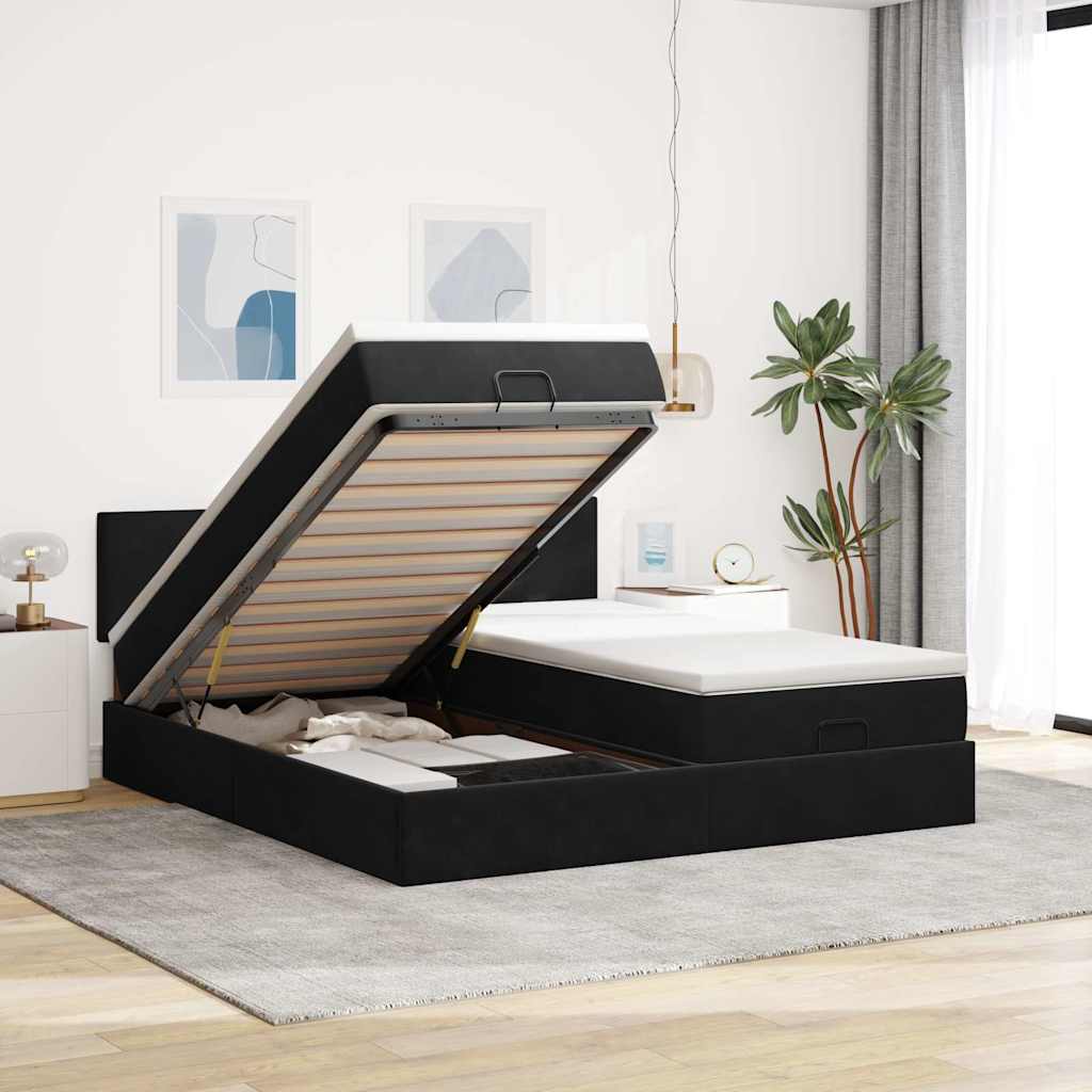 Cadre de lit ottoman avec matelas noir 180x200cm velours - XIOS