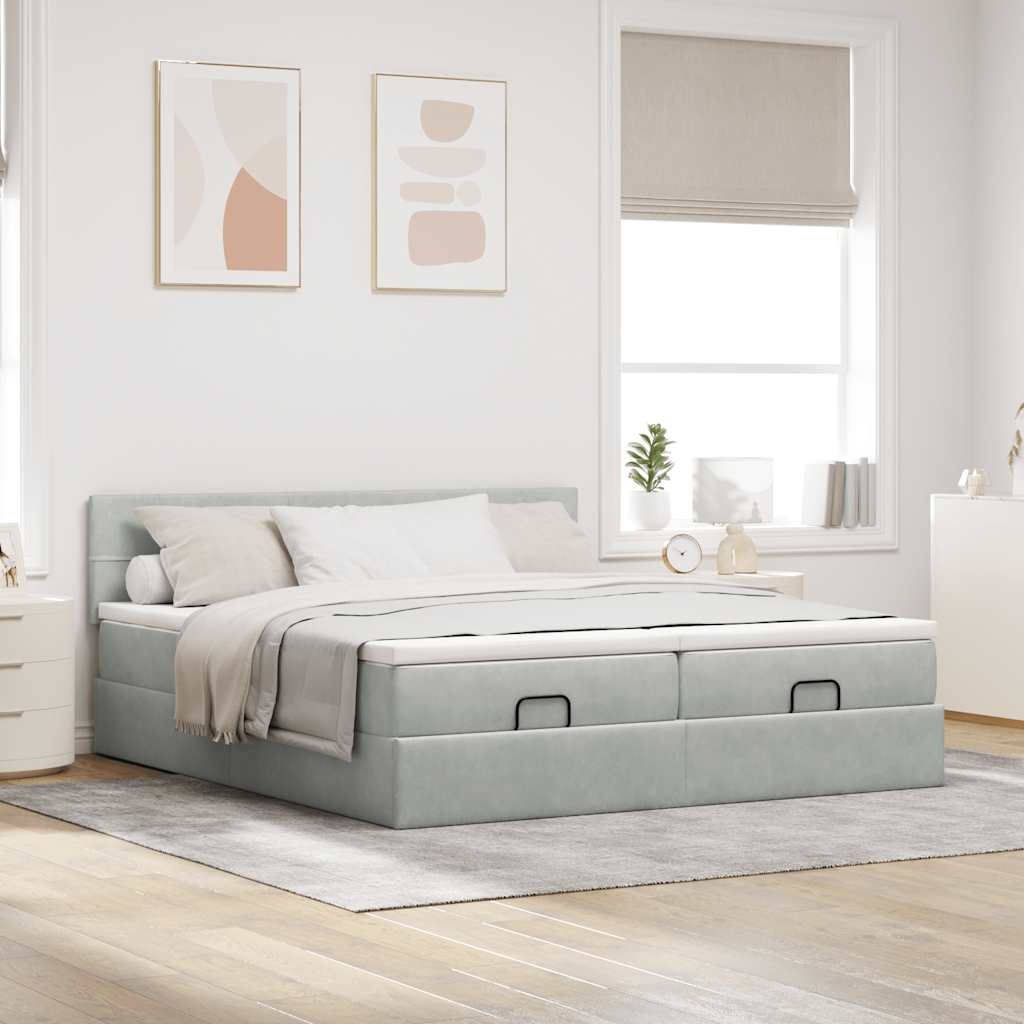 Cadre de lit ottoman et matelas gris clair 160x200cm velours - XIOS