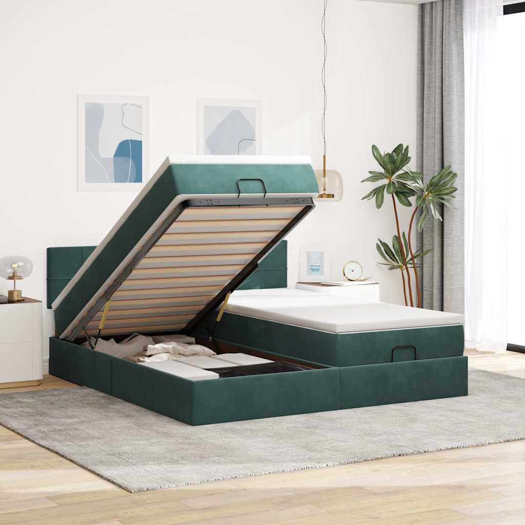 Cadre de lit ottoman avec matelas vert foncé 160x200 cm velours - XIOS