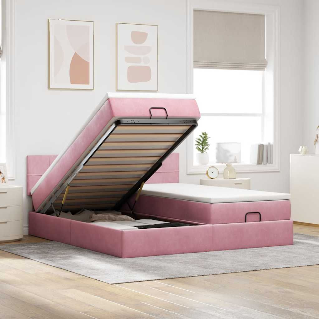 Cadre de lit ottoman avec matelas rose 160x200 cm velours - XIOS