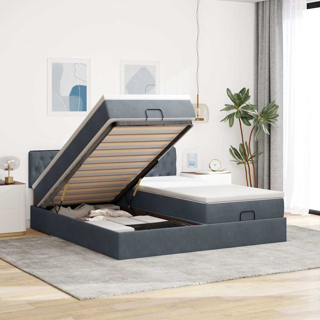 Cadre de lit ottoman avec matelas gris foncé 180x200cm velours - XIOS