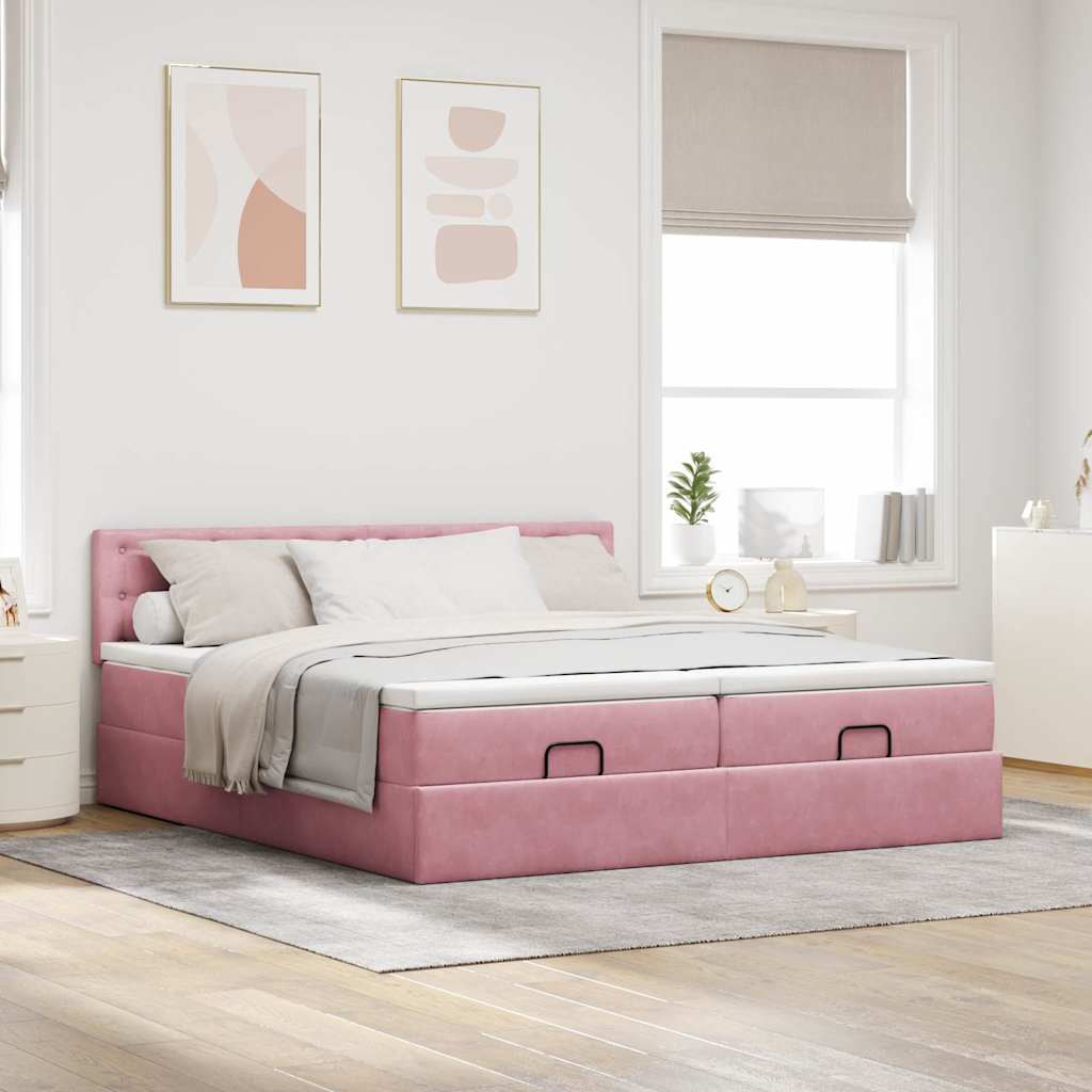 Cadre de lit ottoman avec matelas rose 200x200 cm velours - XIOS