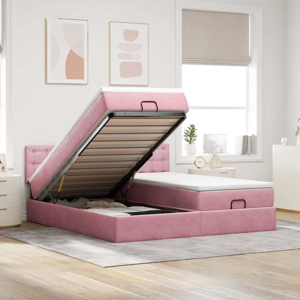 Cadre de lit ottoman avec matelas rose 200x200 cm velours - XIOS