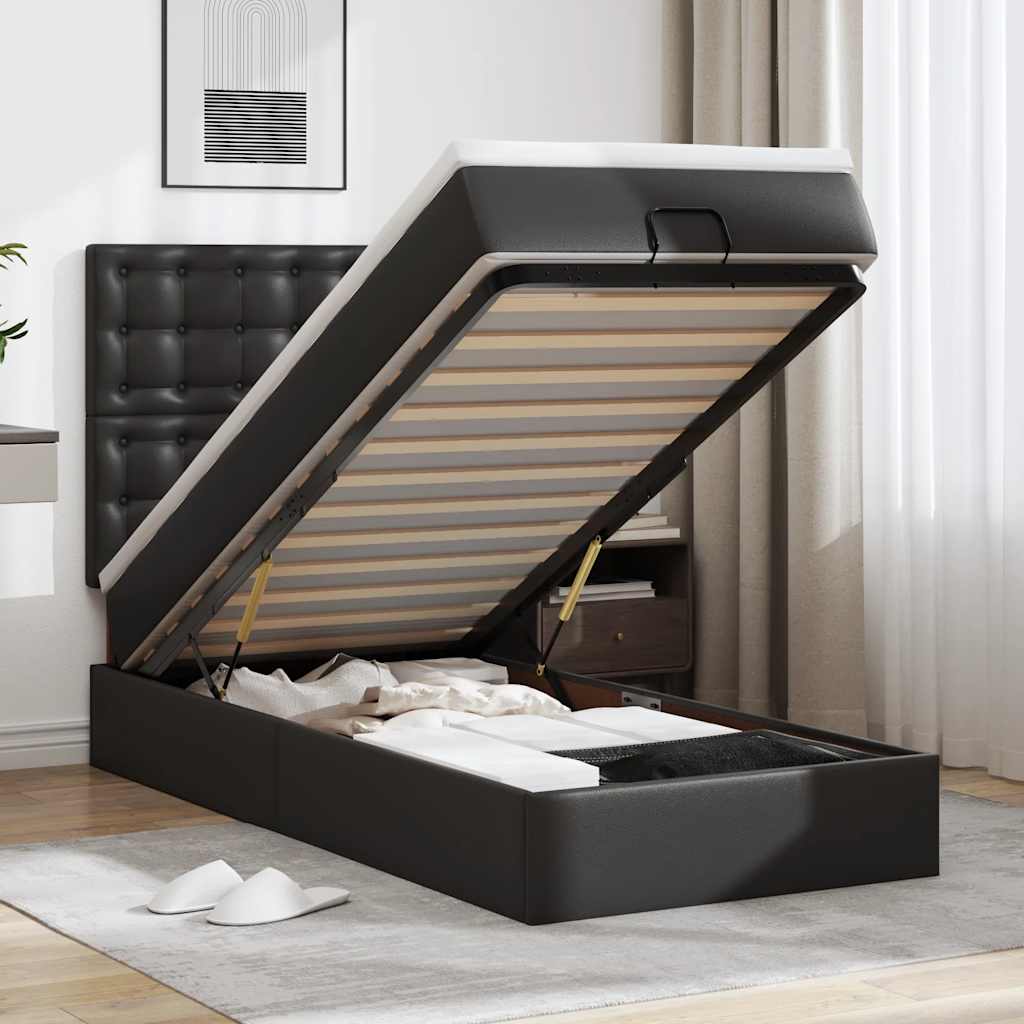 Lit ottoman avec matelas noir 90x190 cm similicuir