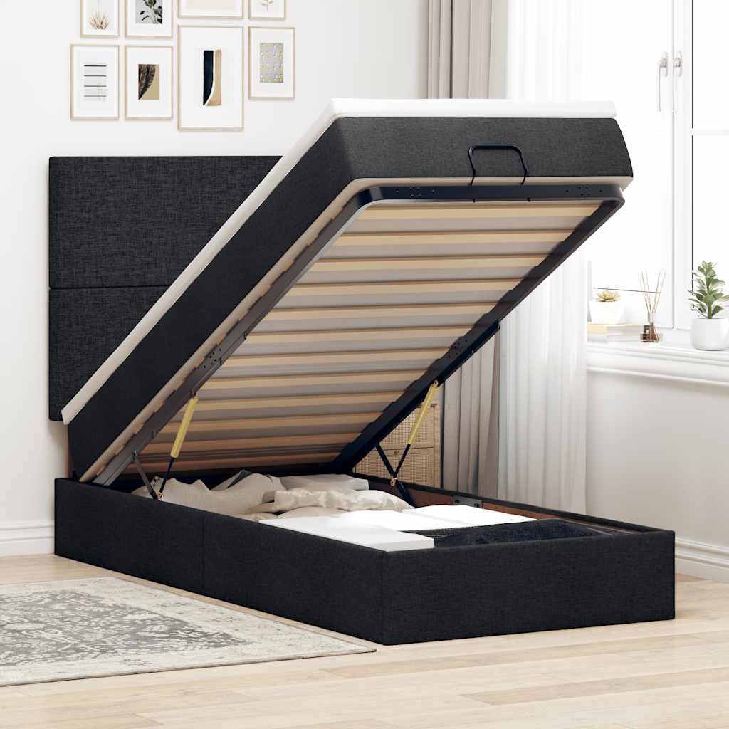 Cadre de lit ottoman avec matelas noir 90x190 cm tissu - XIOS