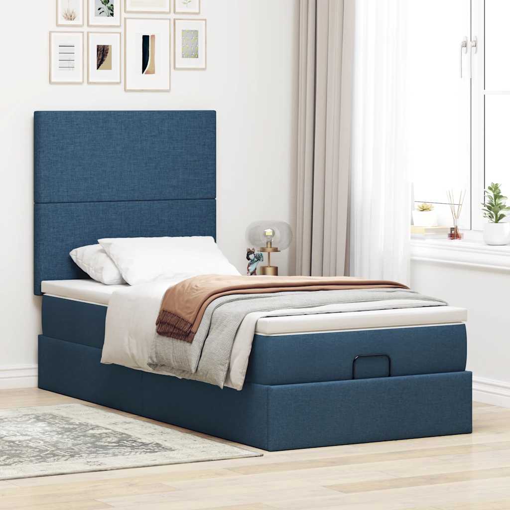 Cadre de lit ottoman avec matelas bleu 90x190 cm tissu