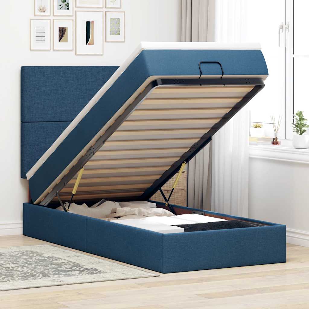 Cadre de lit ottoman avec matelas bleu 90x190 cm tissu - XIOS
