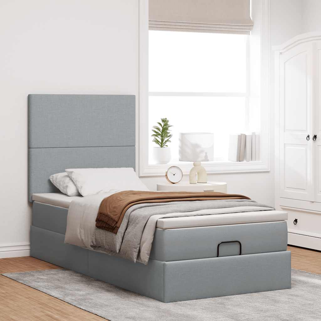 Lit ottoman avec matelas gris clair 100x200 cm tissu - XIOS