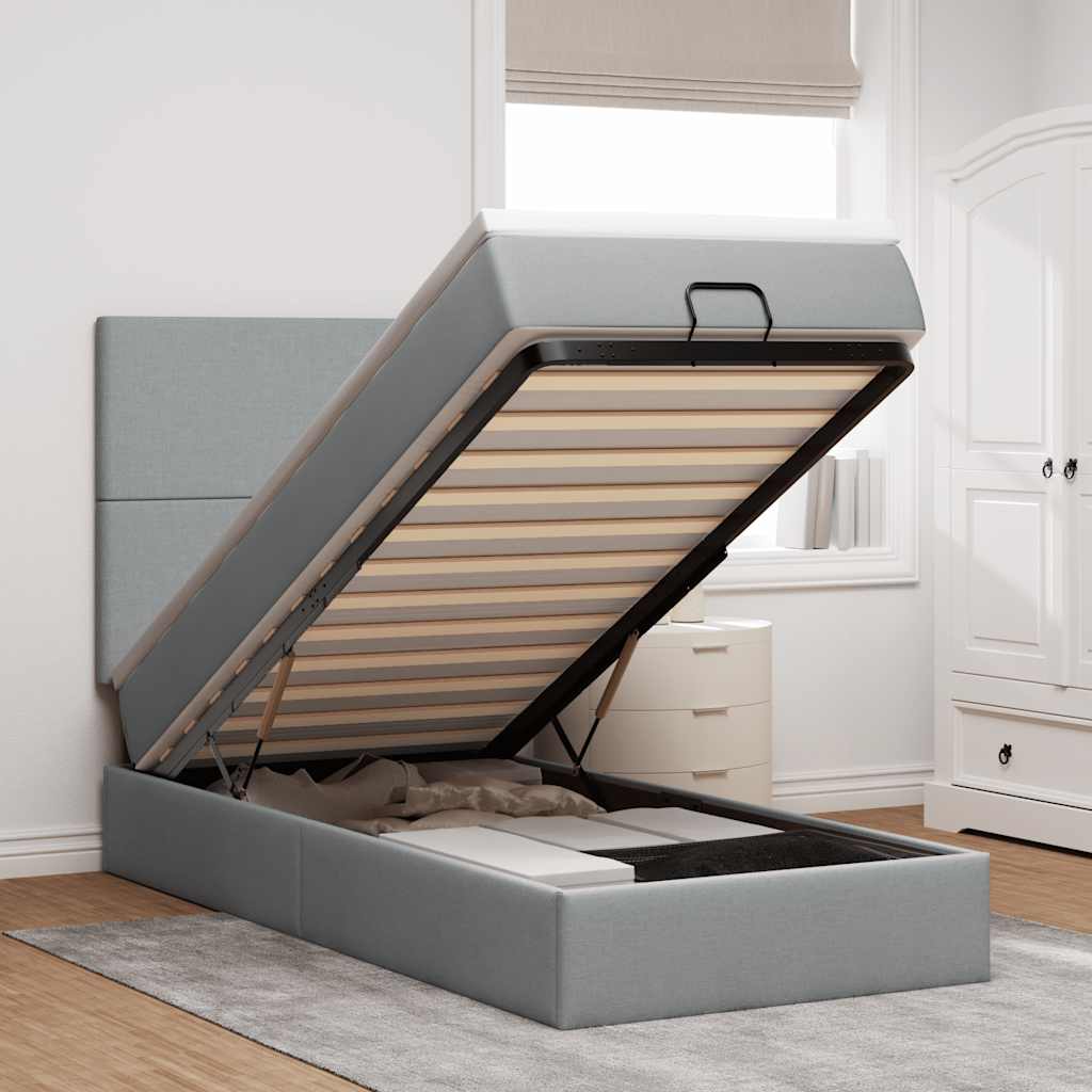 Lit ottoman avec matelas gris clair 100x200 cm tissu - XIOS