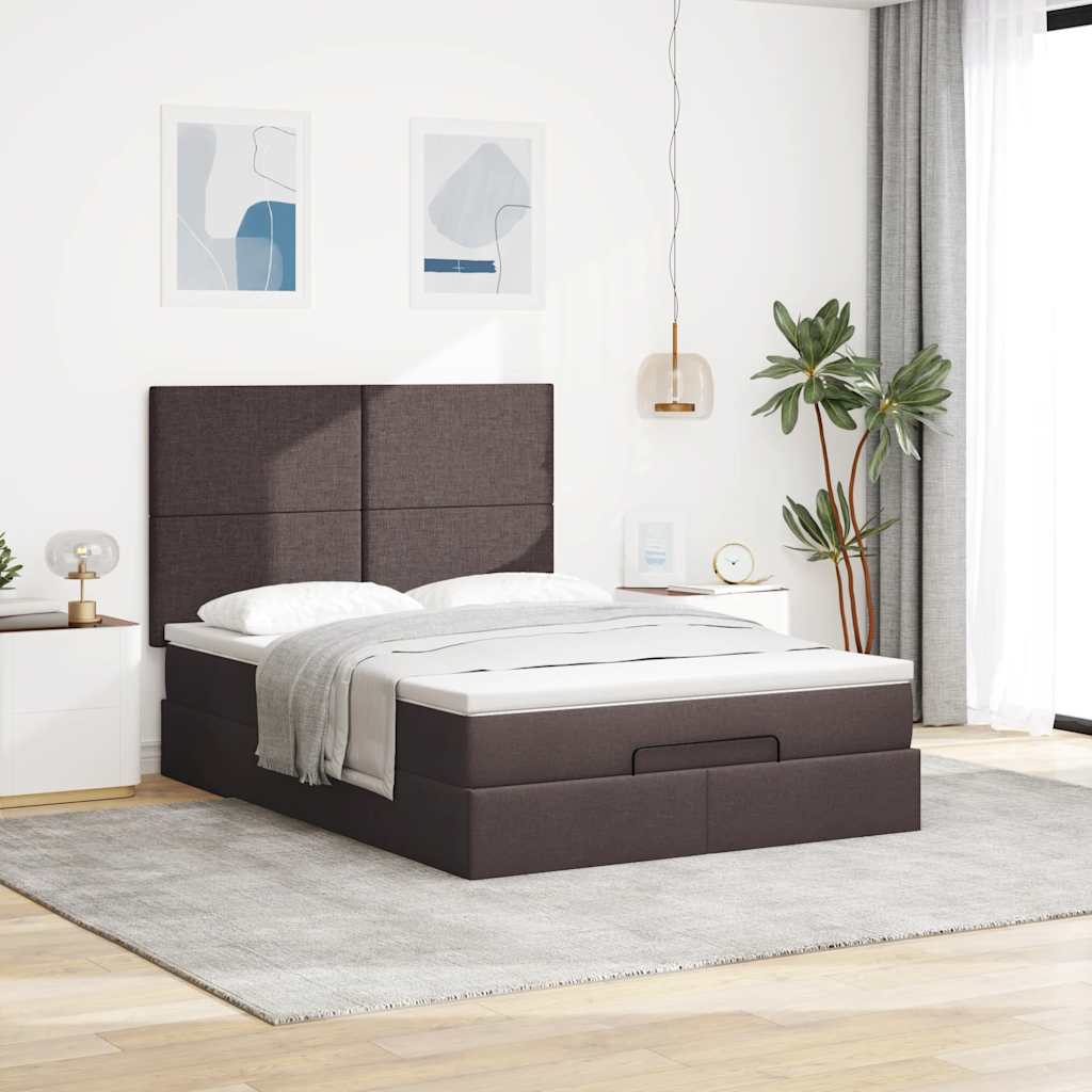 Cadre de lit ottoman avec matelas marron foncé 140x200 cm tissu - XIOS