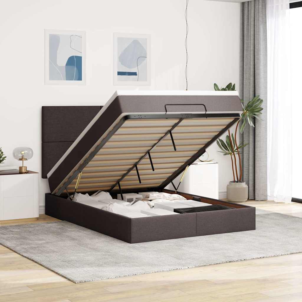 Cadre de lit ottoman avec matelas marron foncé 140x200 cm tissu - XIOS