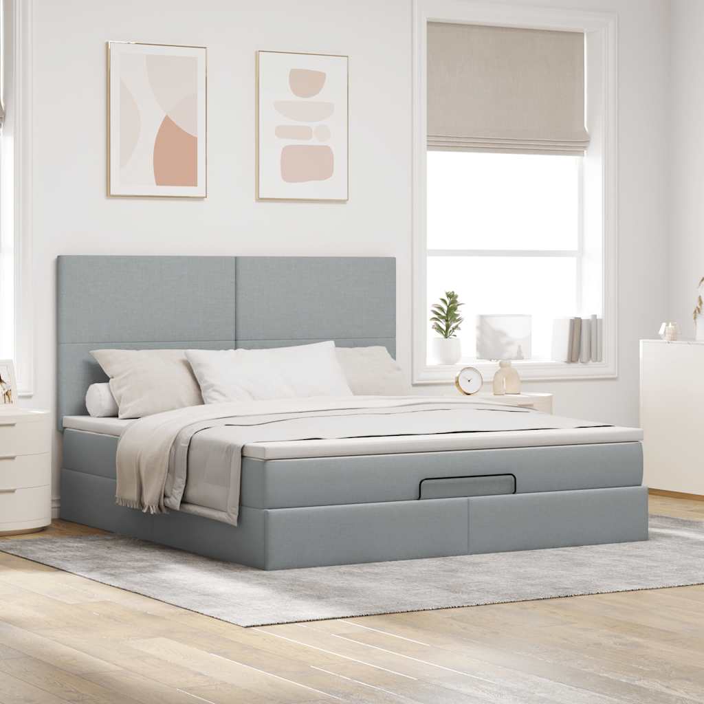 Cadre de lit ottoman et matelas gris clair 160x200cm tissu - XIOS