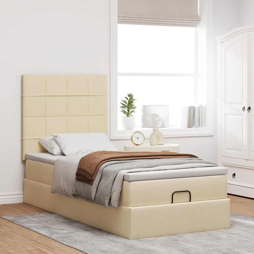 Cadre de lit ottoman avec matelas crème 90x190 cm tissu