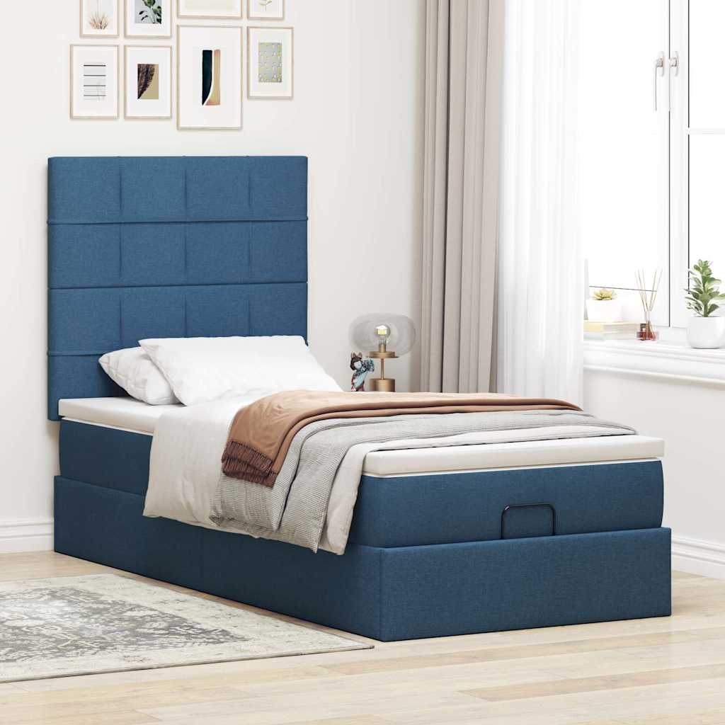 Cadre de lit ottoman avec matelas bleu 90x190 cm tissu - XIOS