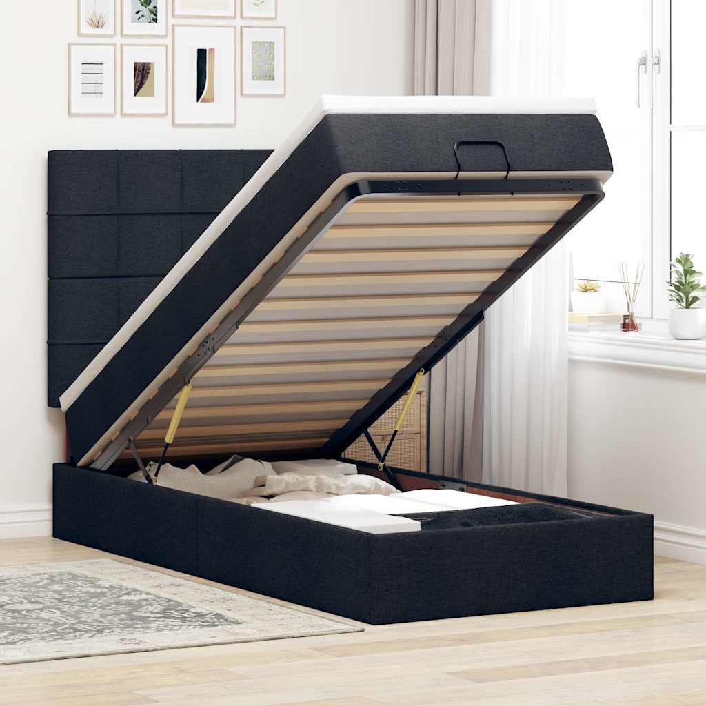 Lit ottoman avec matelas noir 90x200 cm tissu - XIOS