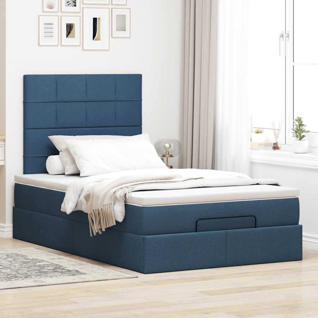 Cadre de lit ottoman avec matelas bleu 120x190 cm tissu - XIOS