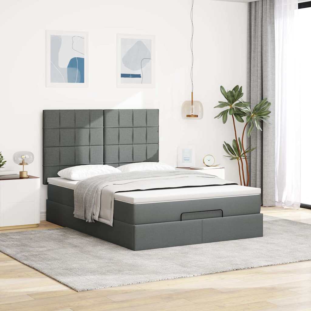 Cadre de lit ottoman avec matelas gris foncé 140x190 cm tissu - XIOS