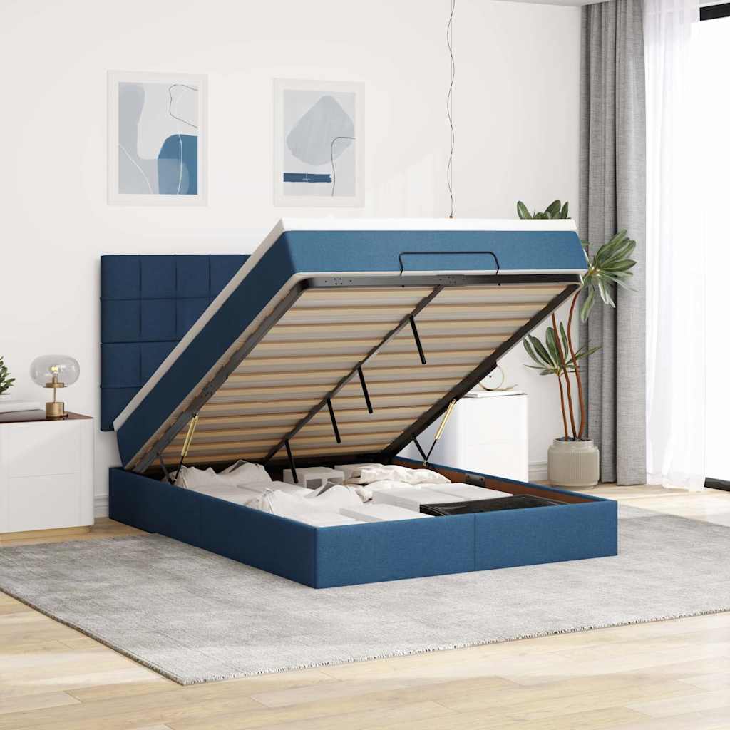 Cadre de lit ottoman avec matelas bleu 140x190 cm tissu - XIOS