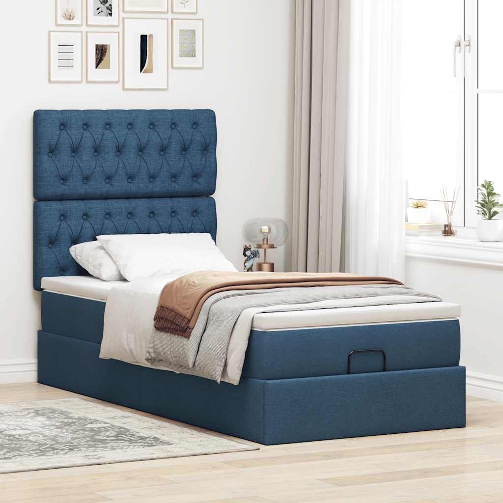Cadre de lit ottoman avec matelas bleu 80x200 cm tissu - XIOS