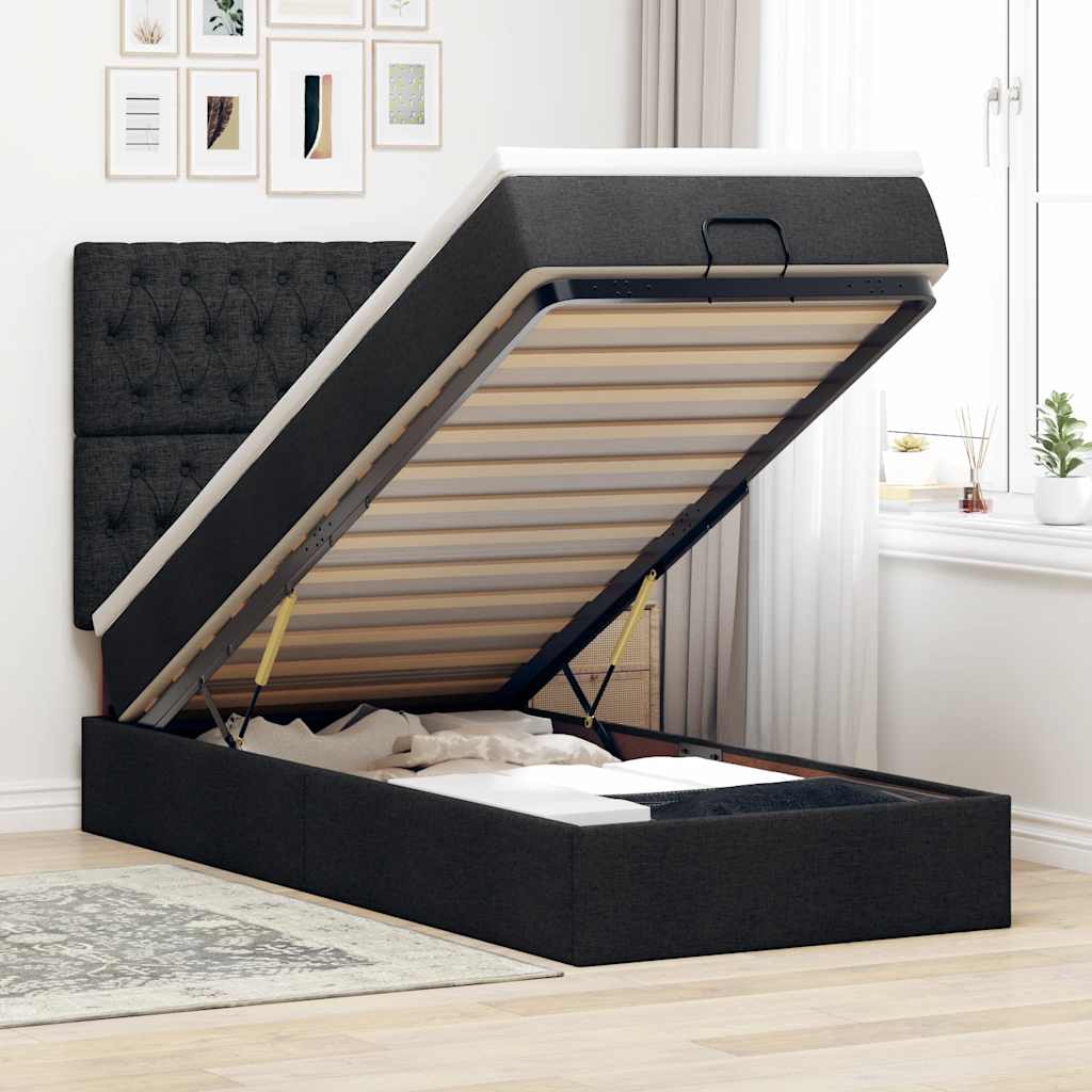 Cadre de lit ottoman avec matelas noir 90x190 cm tissu - XIOS