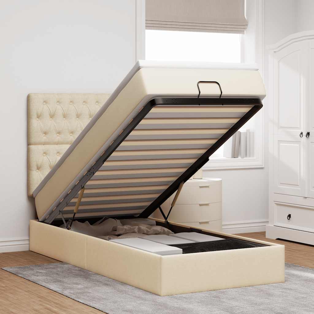 Cadre de lit ottoman avec matelas crème 90x190 cm tissu - XIOS