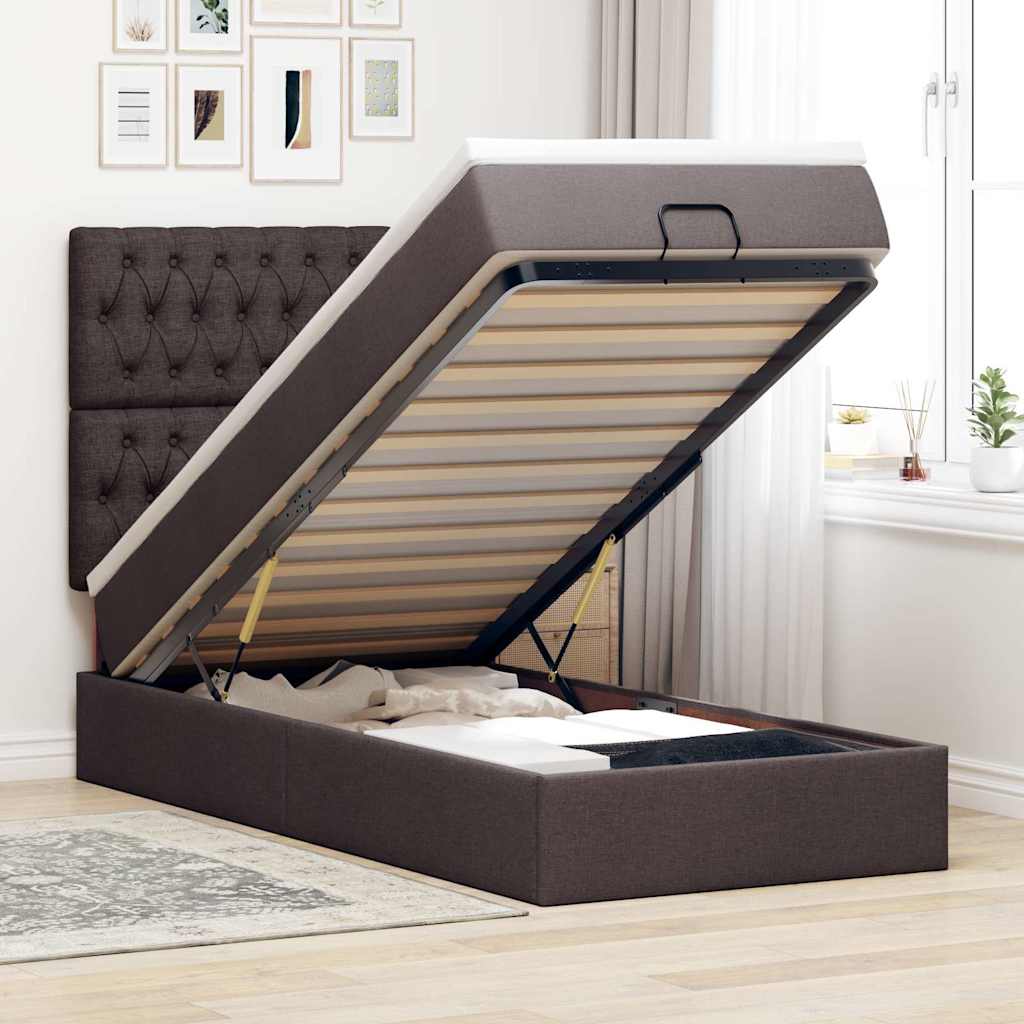 Lit ottoman avec matelas marron foncé 90x200 cm tissu - XIOS