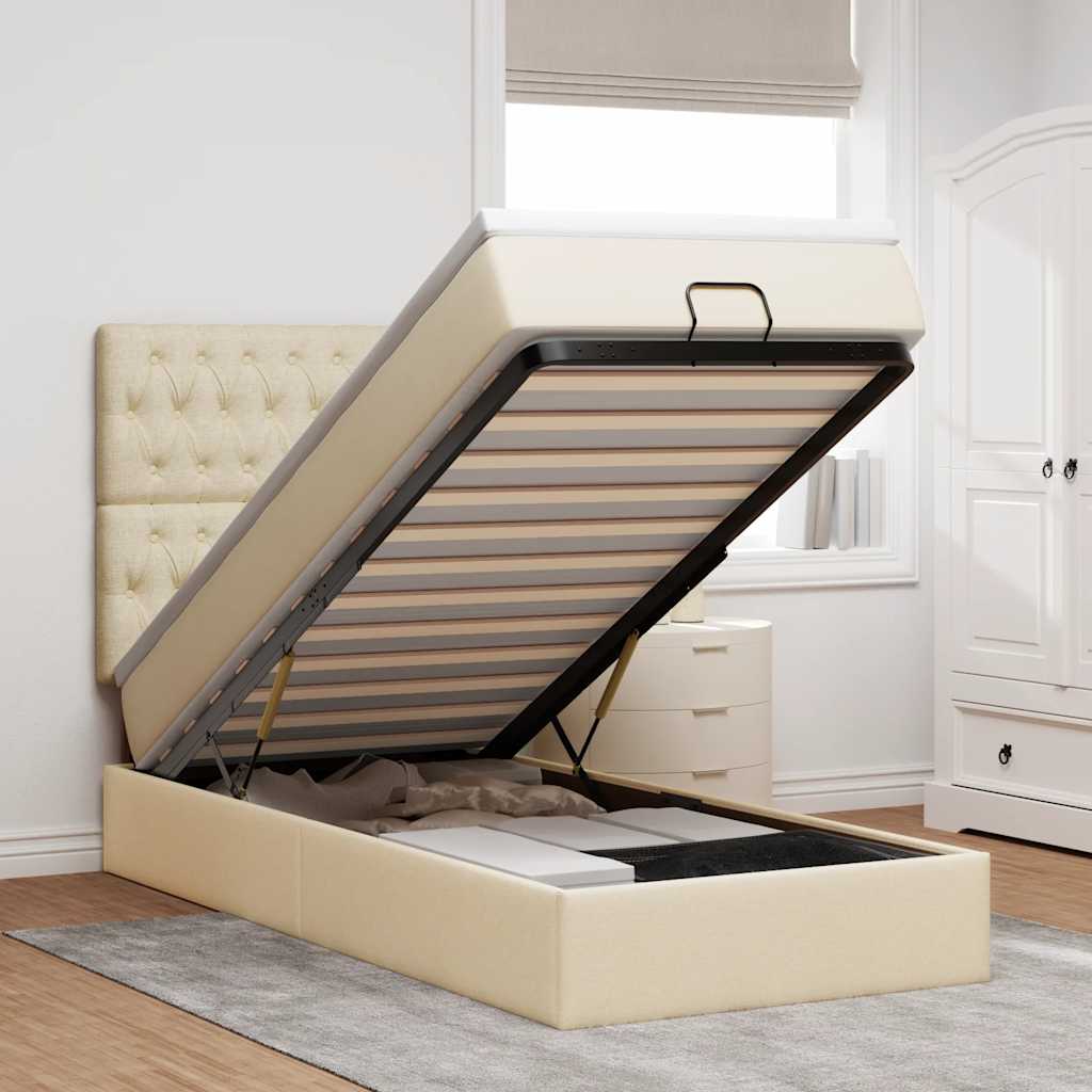 Lit ottoman avec matelas crème 90x200 cm tissu - XIOS