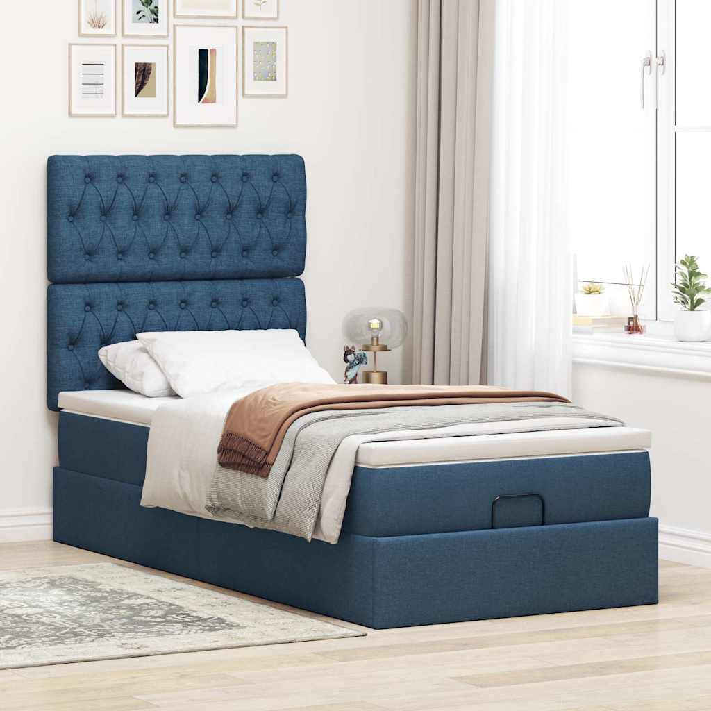 Lit ottoman avec matelas bleu 100x200 cm tissu - XIOS