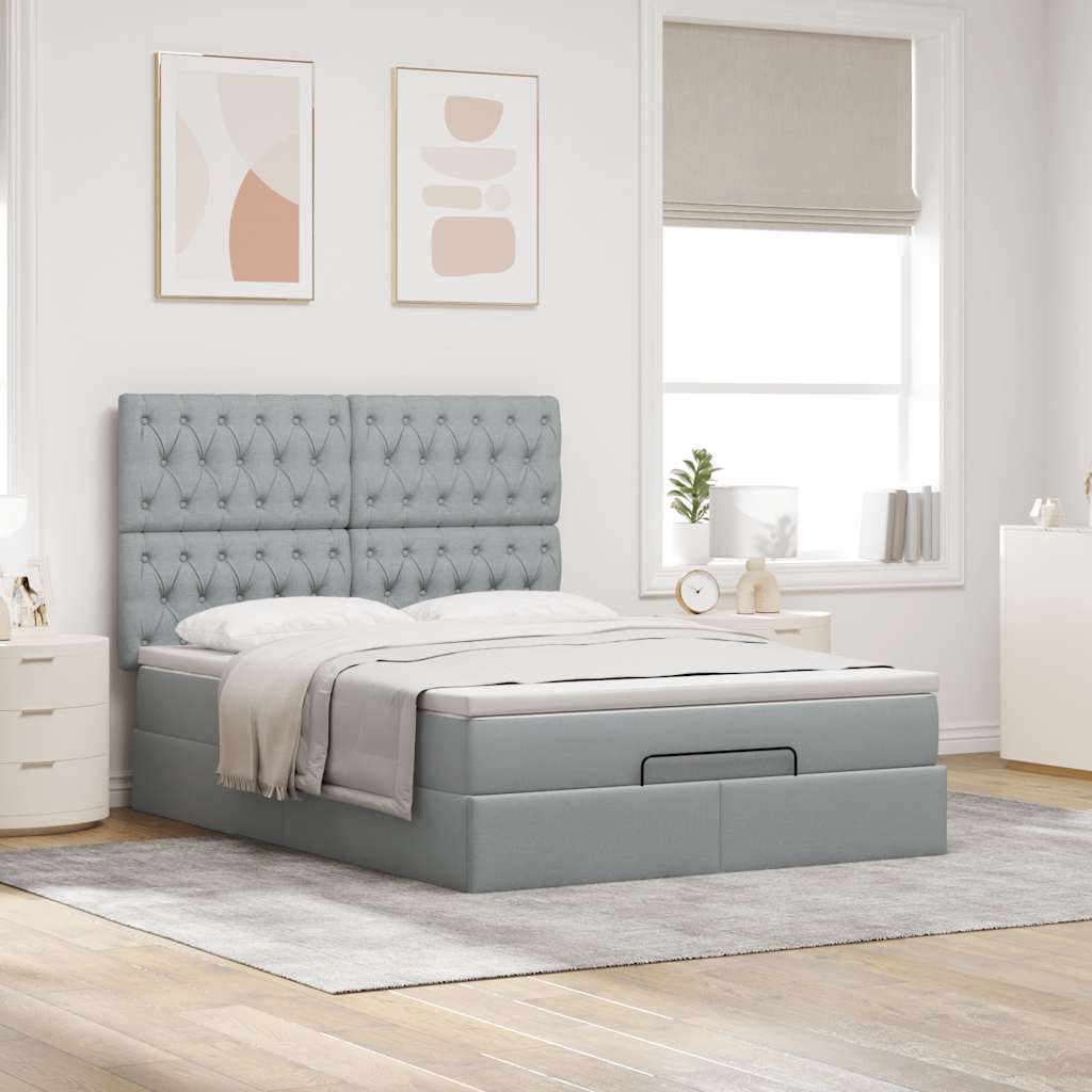 Cadre de lit ottoman et matelas gris clair 140x190 cm tissu - XIOS