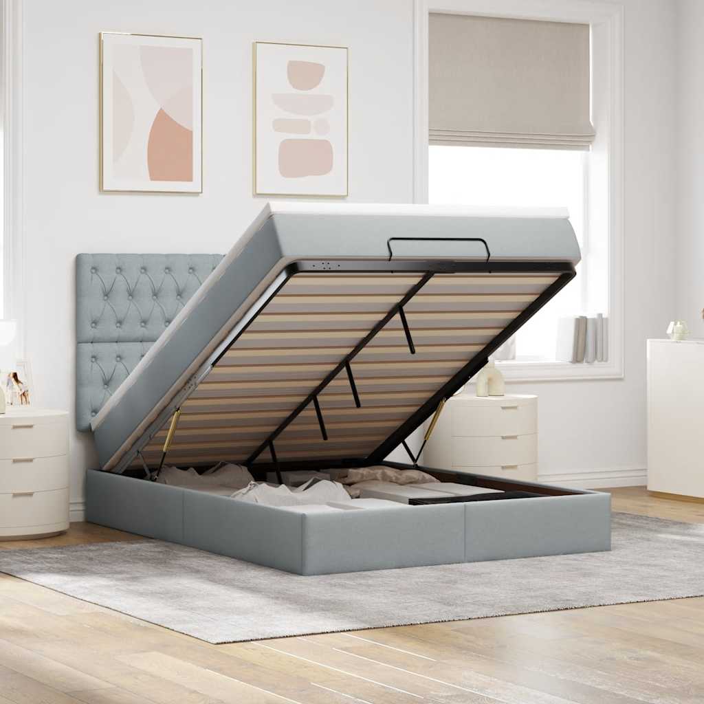 Cadre de lit ottoman et matelas gris clair 140x190 cm tissu - XIOS