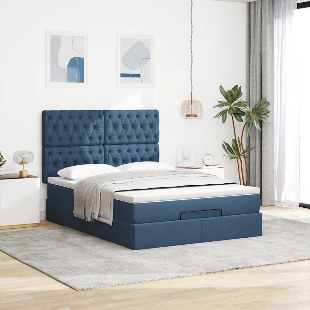 Cadre de lit ottoman avec matelas bleu 140x190 cm tissu - XIOS