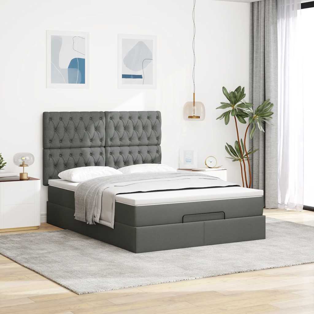 Cadre de lit ottoman avec matelas gris foncé 140x200 cm tissu - XIOS