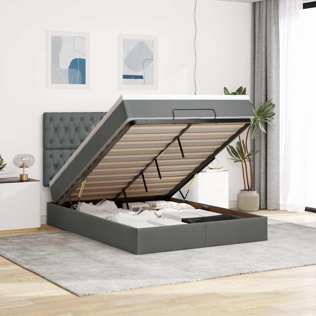 Cadre de lit ottoman avec matelas gris foncé 140x200 cm tissu - XIOS