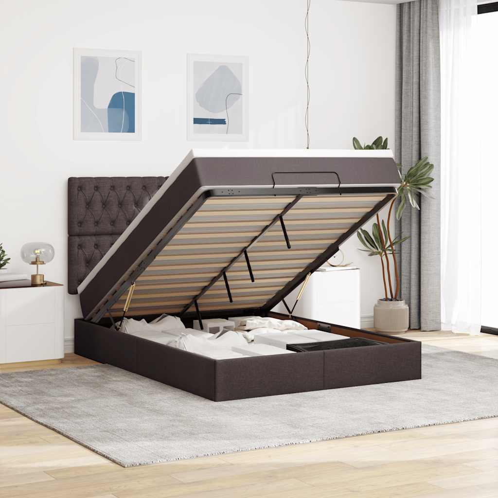 Cadre de lit ottoman avec matelas marron foncé 140x200 cm tissu - XIOS