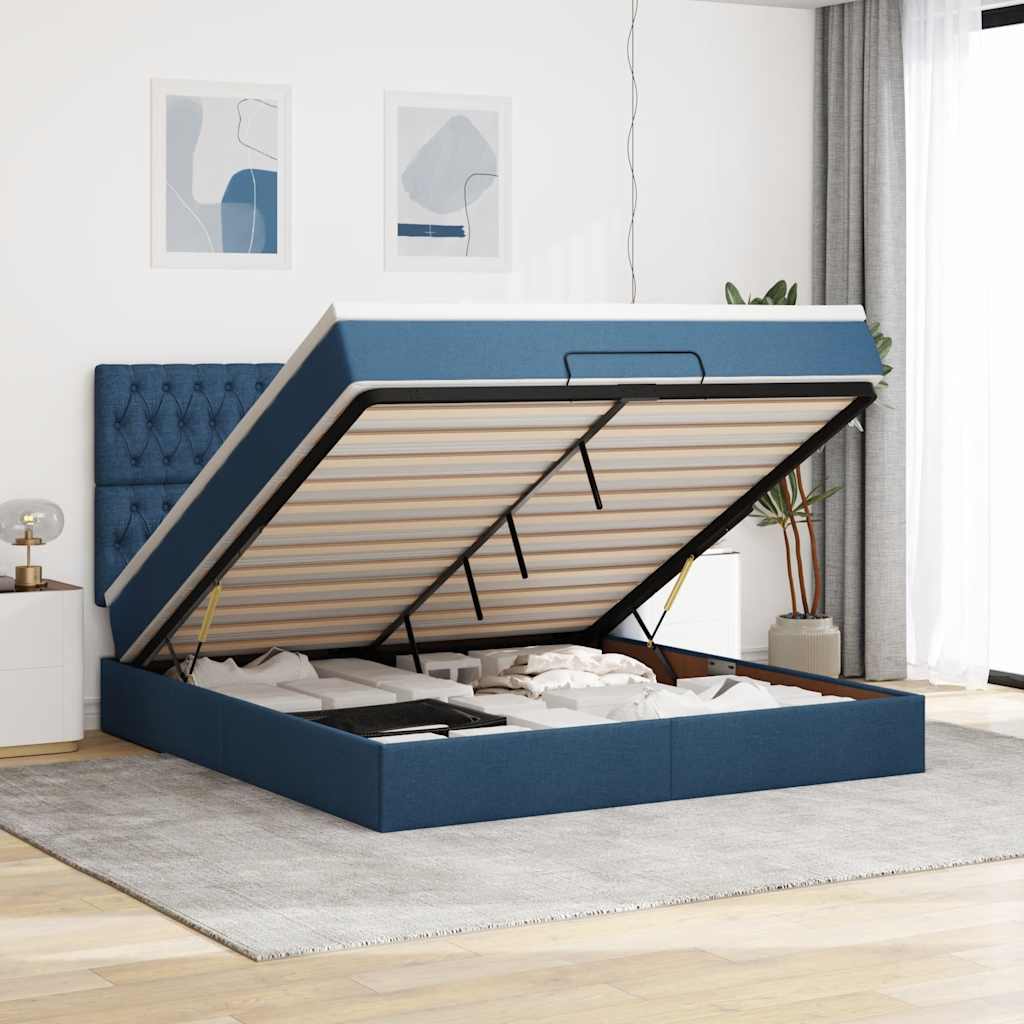 Cadre de lit ottoman avec matelas bleu 160x200 cm tissu - XIOS