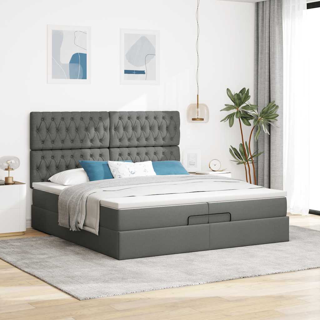 Cadre de lit ottoman avec matelas gris foncé 200x200cm tissu - XIOS