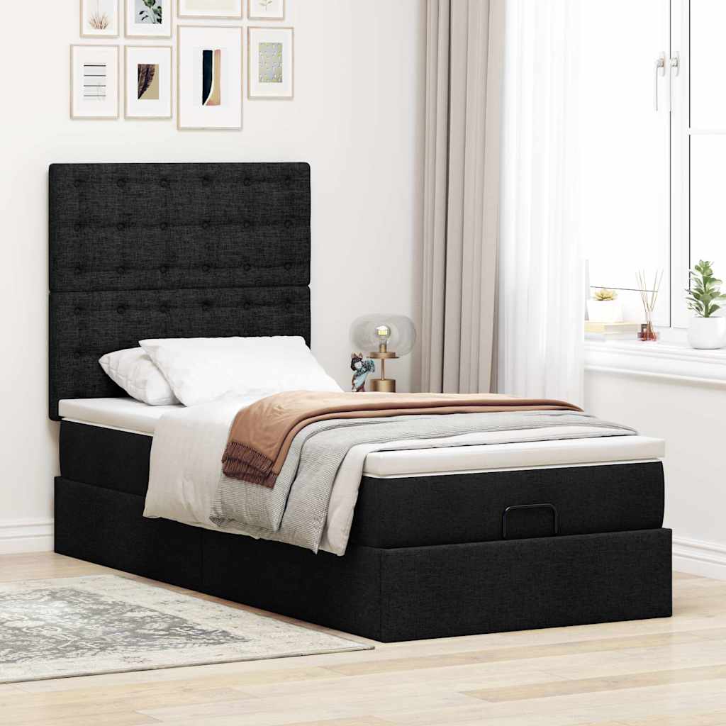 Cadre de lit ottoman avec matelas noir 90x190 cm tissu