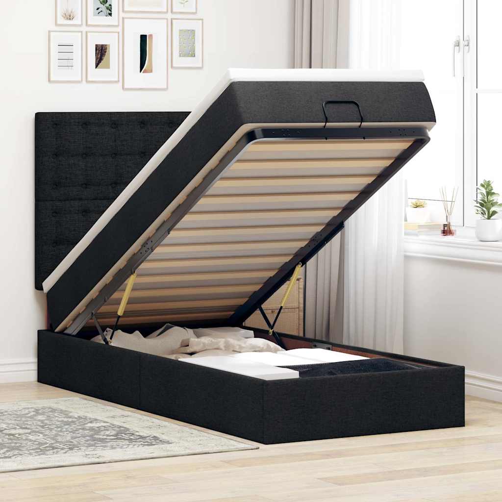 Cadre de lit ottoman avec matelas noir 90x190 cm tissu - XIOS
