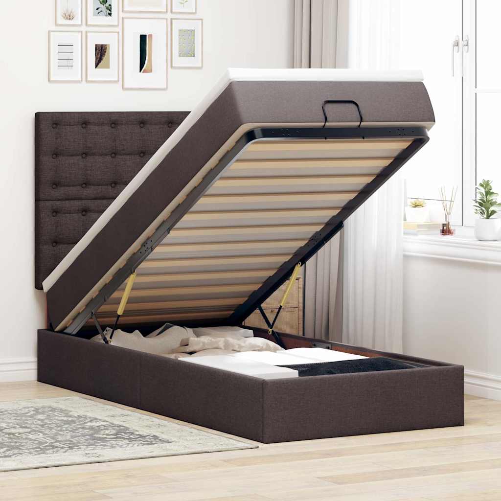 Lit ottoman avec matelas marron foncé 90x200 cm tissu - XIOS