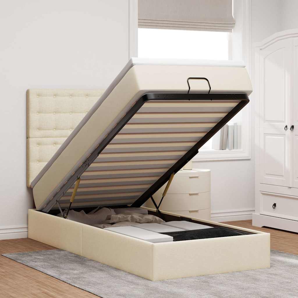Lit ottoman avec matelas crème 90x200 cm tissu - XIOS