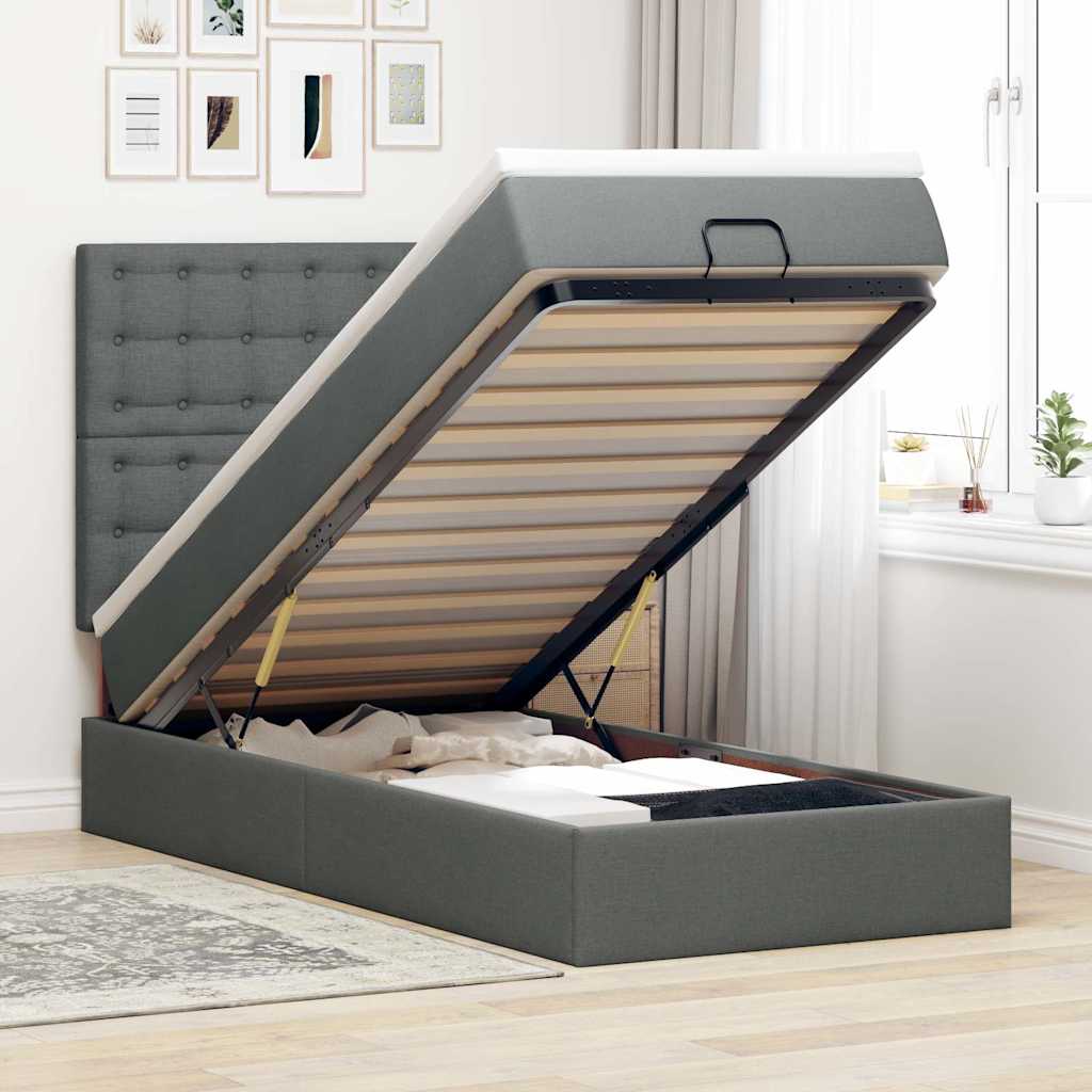 Cadre de lit ottoman avec matelas gris foncé 100x200 cm tissu - XIOS