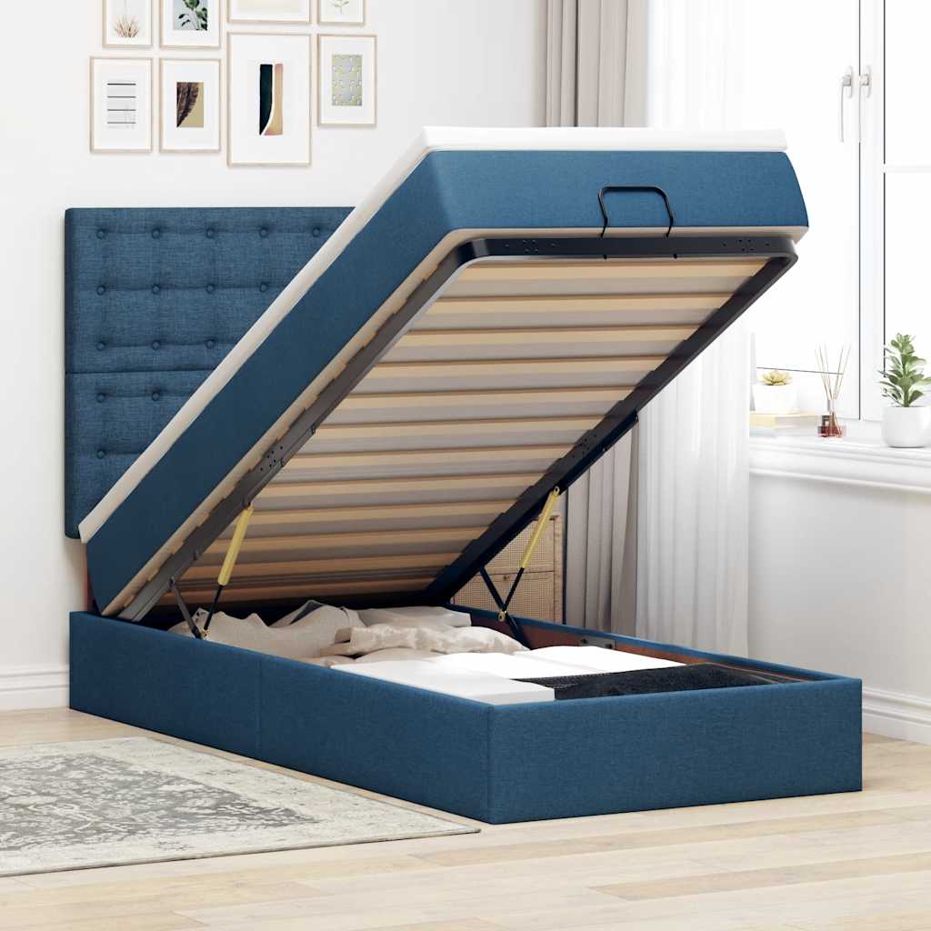Lit ottoman avec matelas bleu 100x200 cm tissu - XIOS