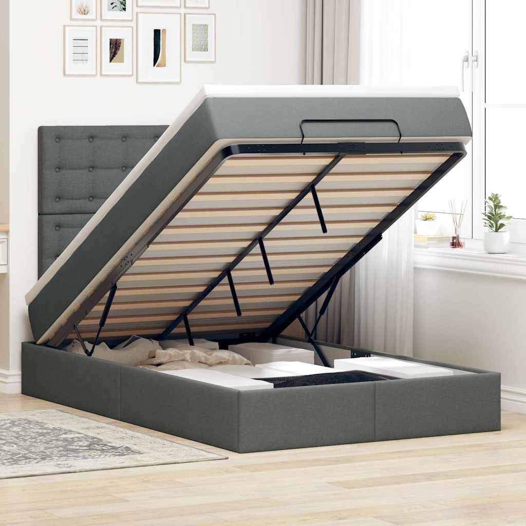 Cadre de lit ottoman avec matelas gris foncé 120x190 cm tissu - XIOS