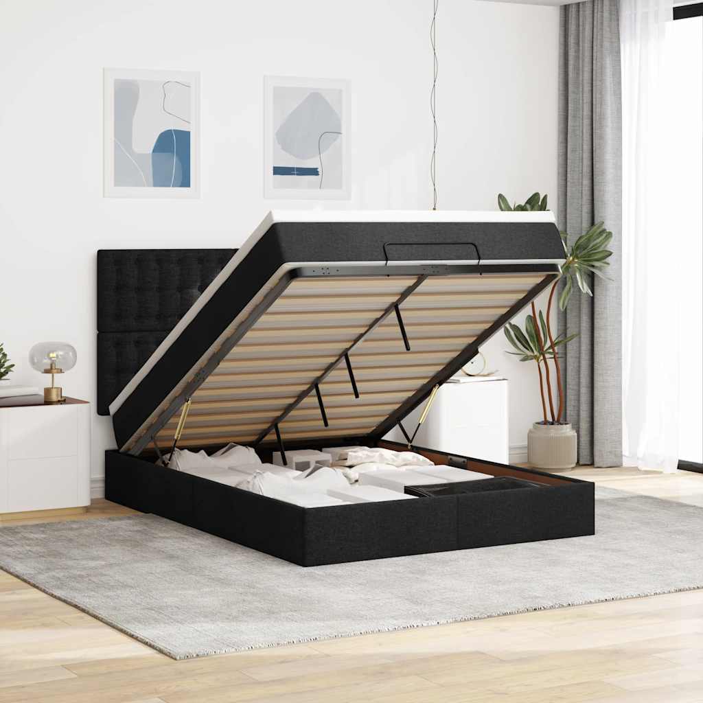 Cadre de lit ottoman avec matelas noir 140x190 cm tissu - XIOS
